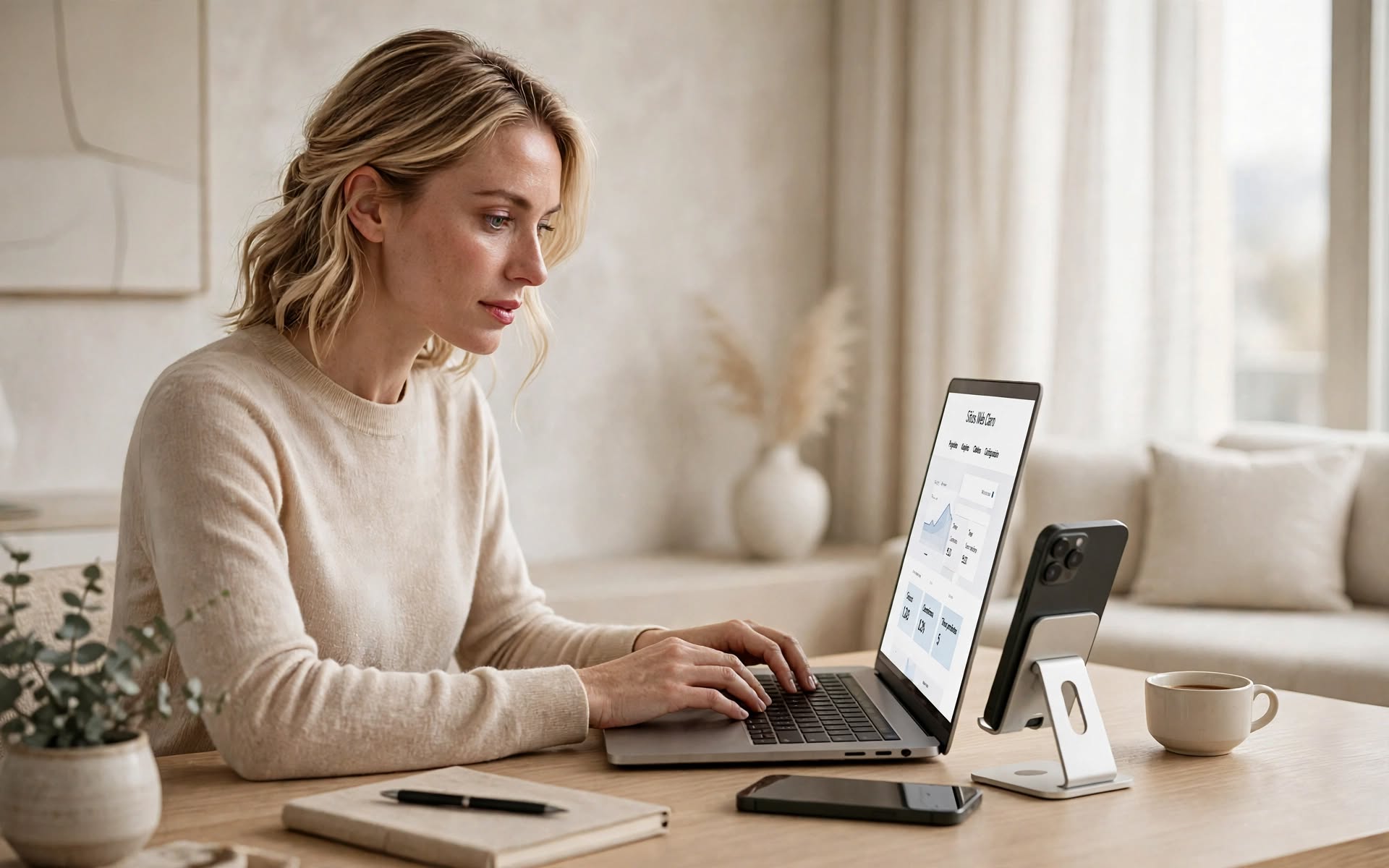 Escena ilustrativa de una persona trabajando a distancia con laptop y teléfono.